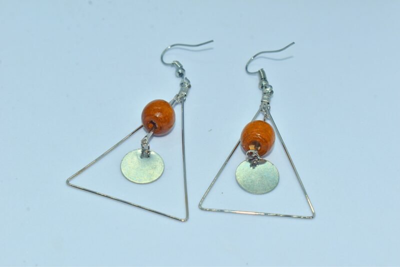 minimalist geometric triangle drop earrings – silver wire frame with wooden & resin beads – boho dangle earrings for women & girls