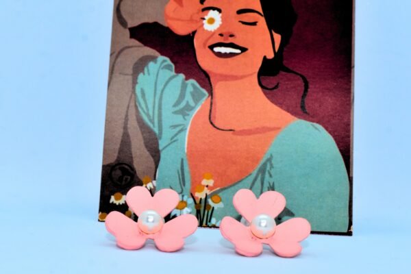 pink flower pearl stud earrings for women – cute floral earrings with heart petals