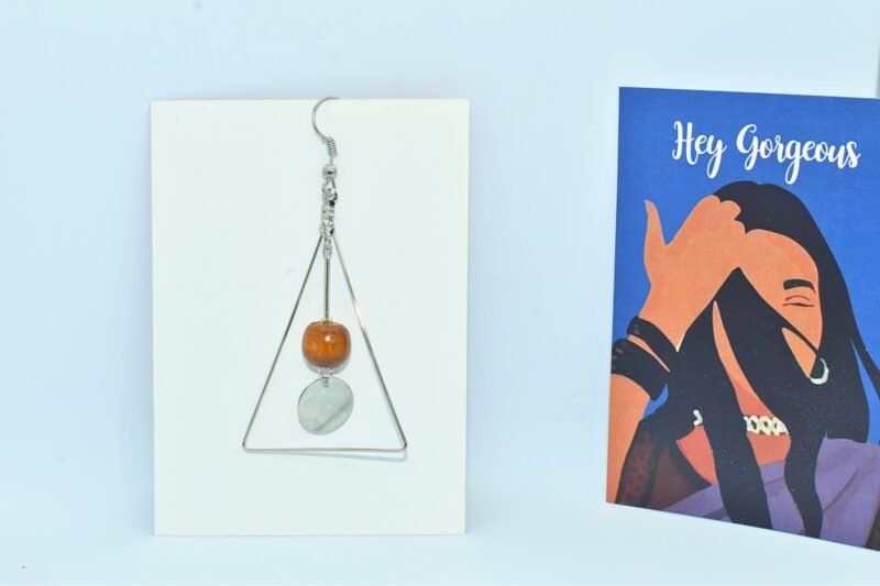 minimalist geometric triangle drop earrings – silver wire frame with wooden & resin beads – boho dangle earrings for women & girls