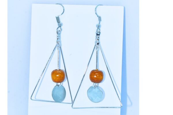 minimalist geometric triangle drop earrings – silver wire frame with wooden & resin beads – boho dangle earrings for women & girls