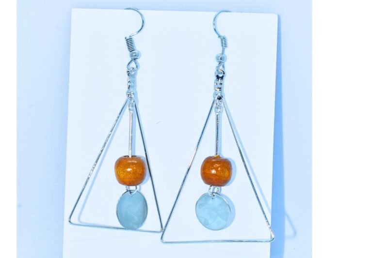 minimalist geometric triangle drop earrings – silver wire frame with wooden & resin beads – boho dangle earrings for women & girls