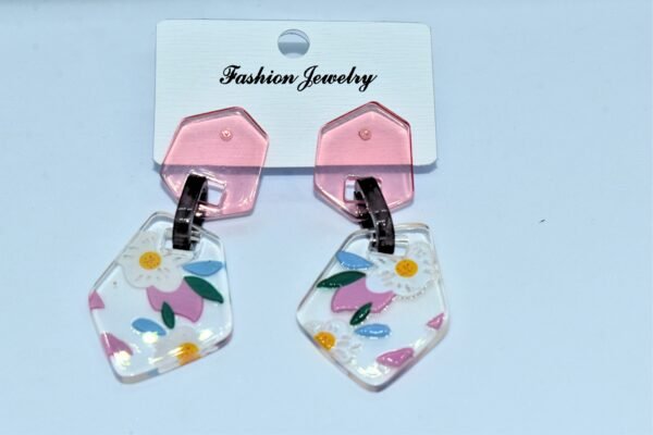 handmade acrylic floral dangle earrings – pink hexagon & daisy drop earrings for women, girls – lightweight statement jewelry gift (usa & uk)