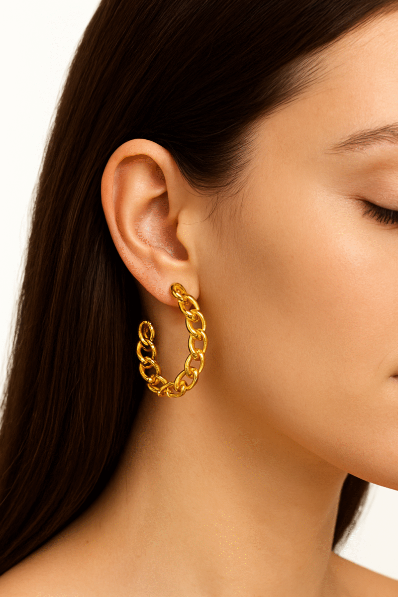 gold half moon chain link hoop earrings – chunky statement gold plated hoops for women