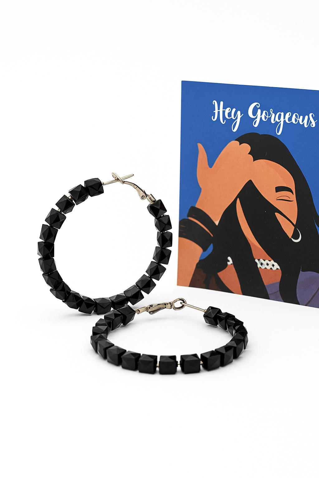 black geometric hoop earrings – lightweight beaded statement earrings for women, modern boho jewelry gift