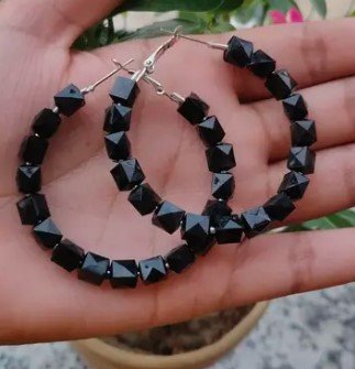 Black Geometric Pyramid Bead Hoop Earrings – Bold Statement Fashion Jewelry for Women & Girls