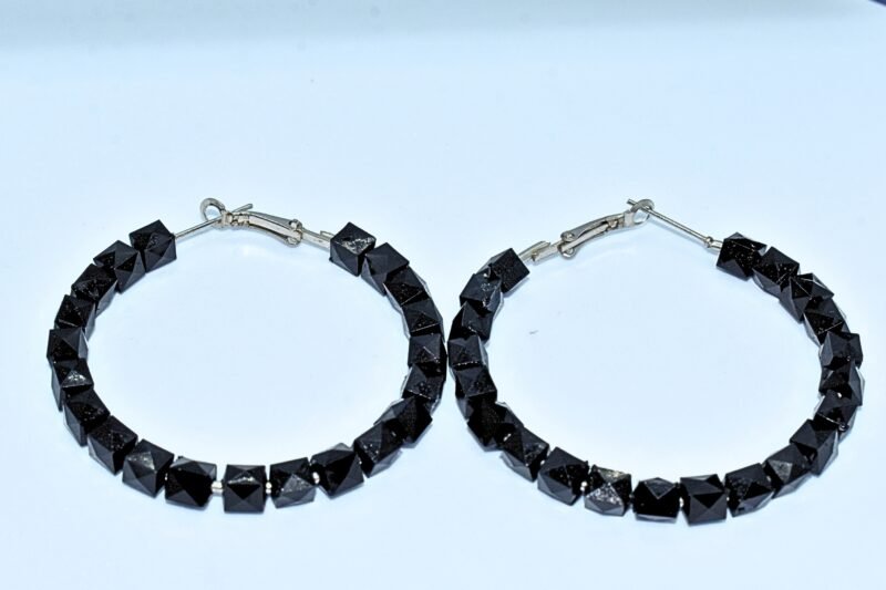 Black Geometric Pyramid Bead Hoop Earrings – Bold Statement Fashion Jewelry for Women & Girls