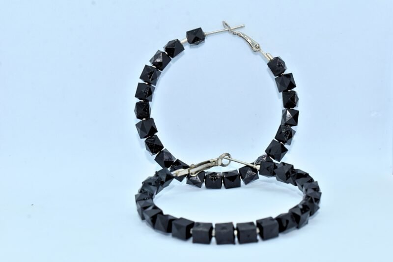 Black Geometric Pyramid Bead Hoop Earrings – Bold Statement Fashion Jewelry for Women & Girls