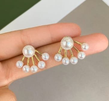 gold fan pearl drop earrings | elegant statement studs for women | modern bridal earrings | minimalist korean style jewelry by alka jewels