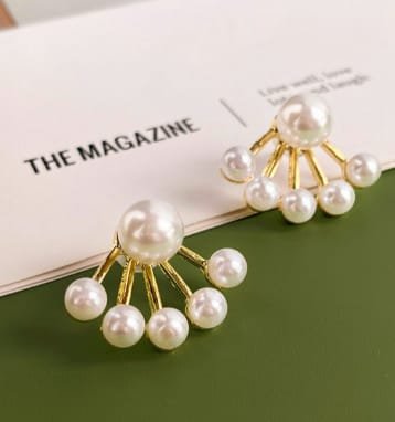 gold fan pearl drop earrings | elegant statement studs for women | modern bridal earrings | minimalist korean style jewelry by alka jewels gold fan pearl drop earrings | elegant statement studs for women | modern bridal earrings | minimalist korean style jewelry by alka jewels