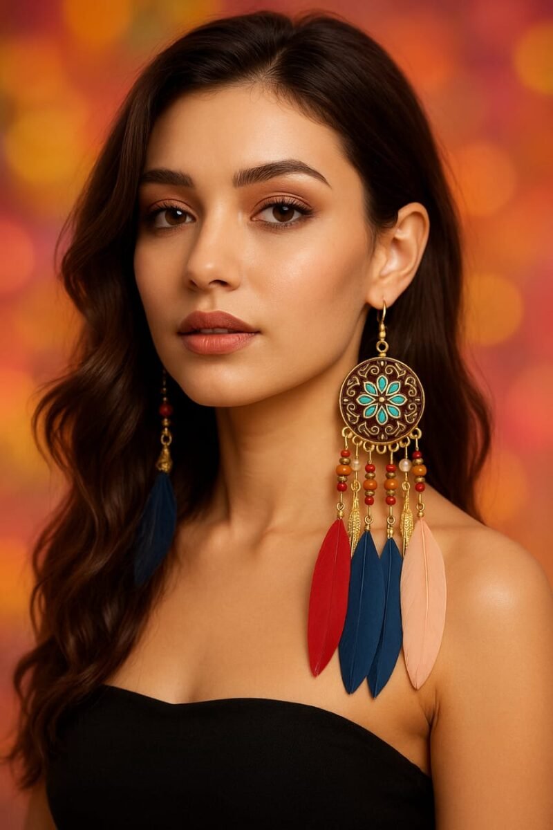 bohemian feather earrings – handmade ethnic dangle earrings with colorful beads, festival statement jewelry for women