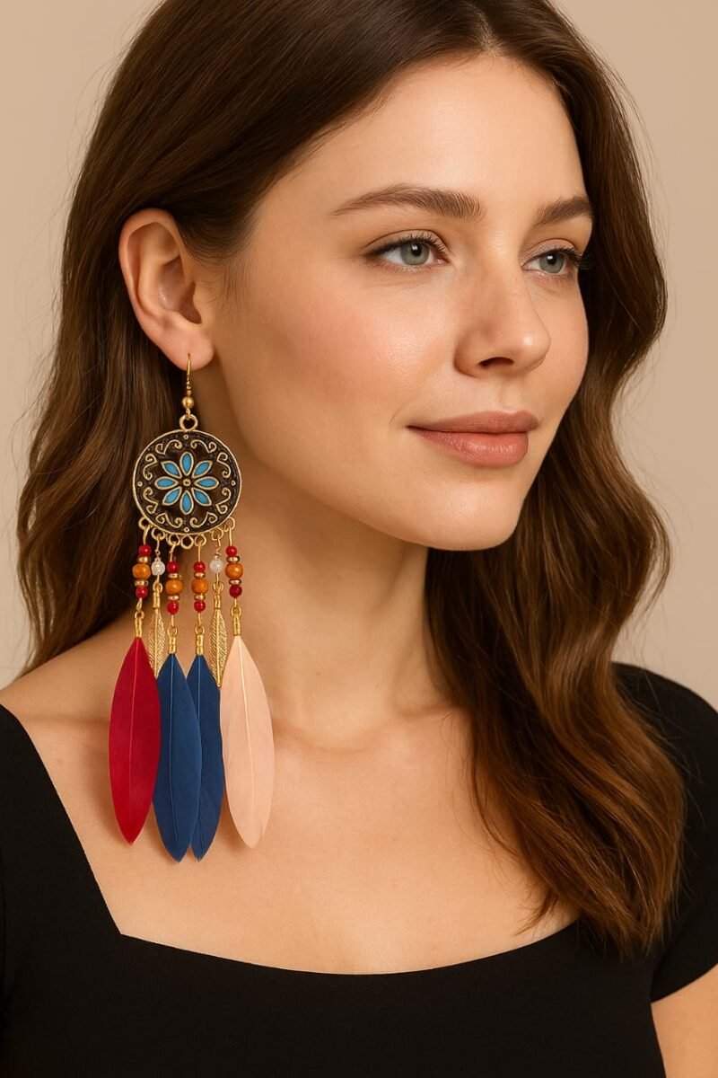 bohemian feather earrings – handmade ethnic dangle earrings with colorful beads, festival statement jewelry for women