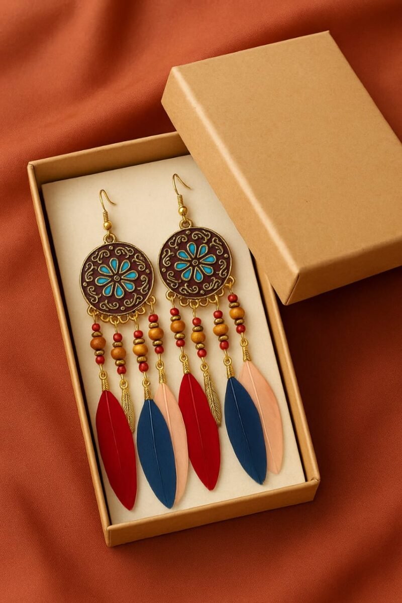 bohemian feather earrings – handmade ethnic dangle earrings with colorful beads, festival statement jewelry for women