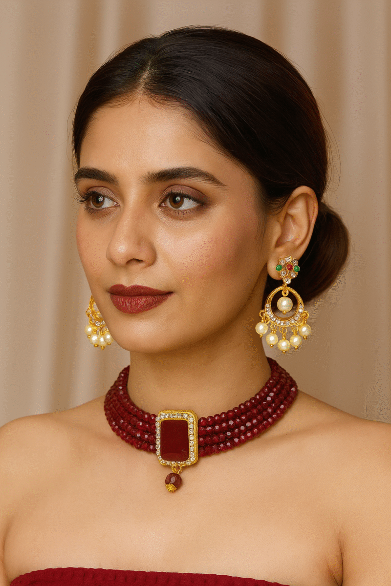2025/10/1000077410.png maroon beaded choker necklace set with gold plated pendant & earrings elegant bridal & party jewelry