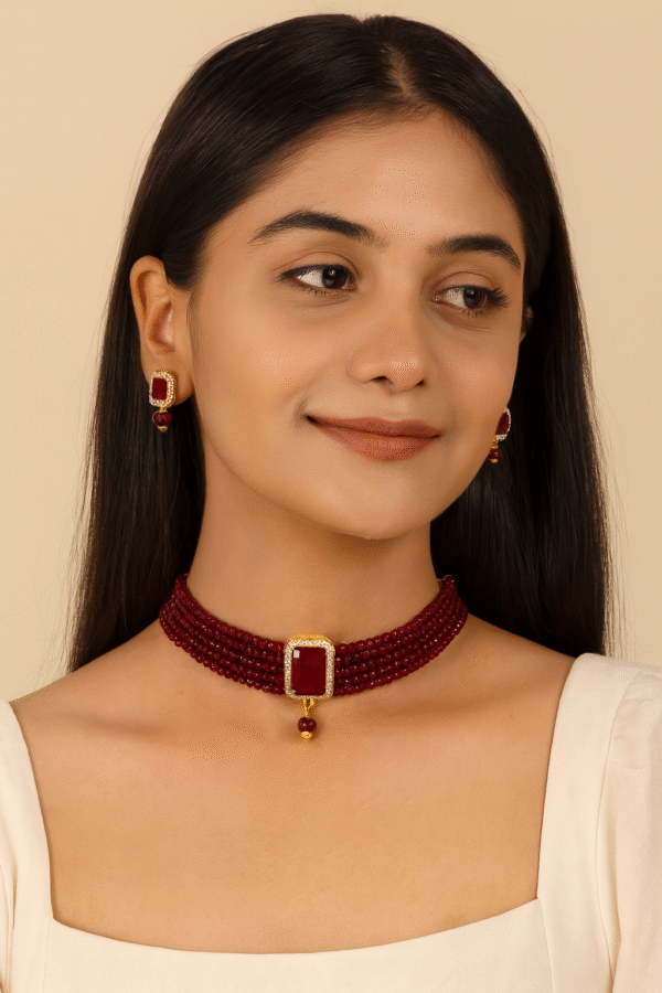 Home maroon beaded choker necklace set with gold plated pendant & earrings elegant bridal & party jewelry
